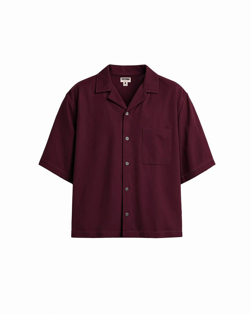 Seoul 06 Fig Skin. Short sleeve, oversized, button-up shirt with chest pocket.